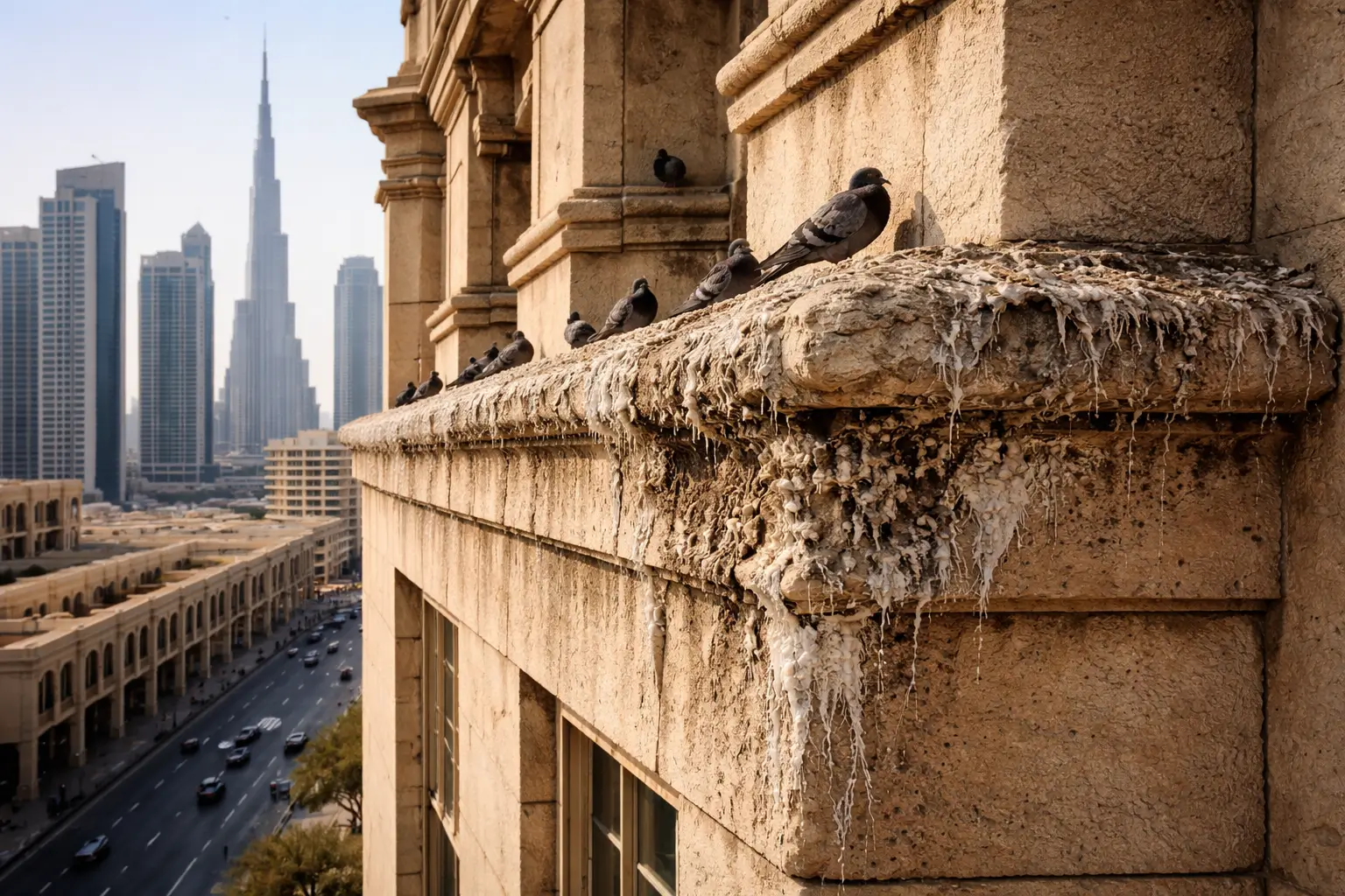 how bird droppings corrode building facades in dubai